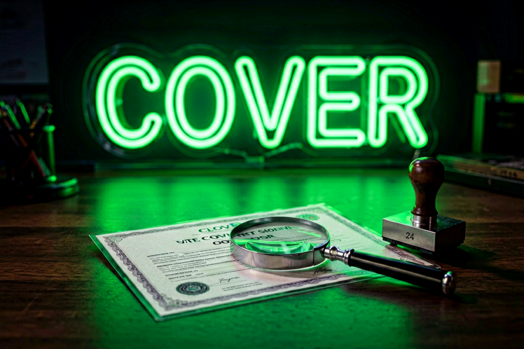 Dark scene with a glowing green neon sign reading COVER