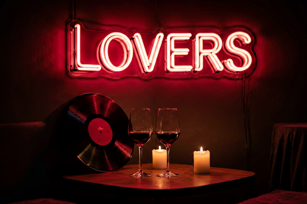 Dark scene with a glowing deep red neon sign reading Lovers