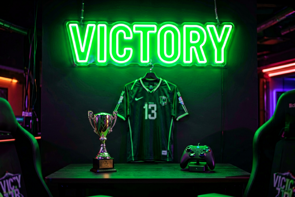 Dark scene with a glowing cyber green neon sign reading VICTORY
