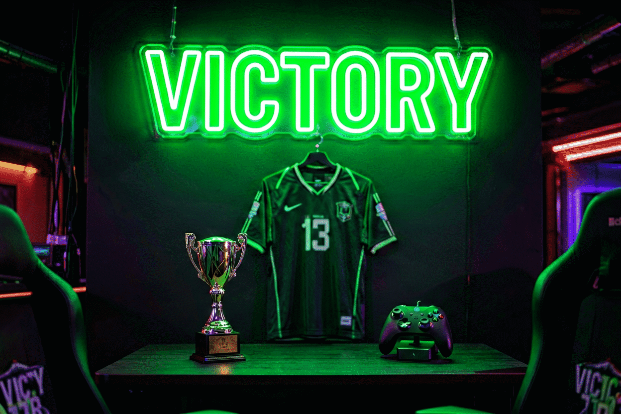 Dark scene with a glowing cyber green neon sign reading VICTORY