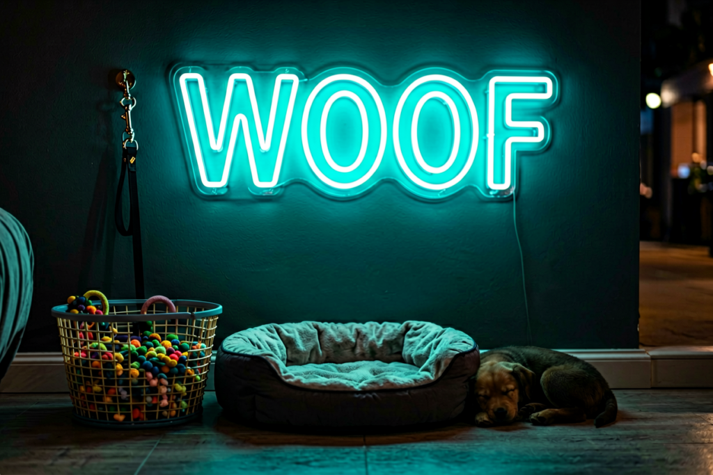 Dark scene with a glowing aqua neon sign reading WOOF