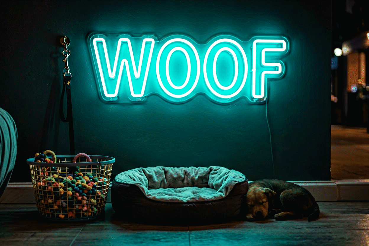 Dark scene with a glowing aqua neon sign reading WOOF