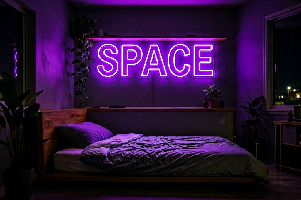 Dark scene with a glowing purple neon sign reading Space