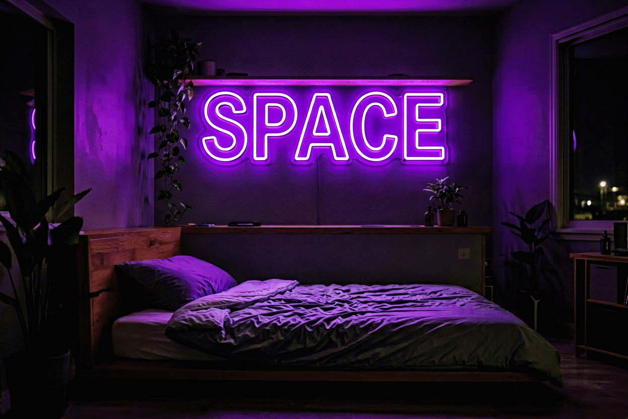 Dark scene with a glowing purple neon sign reading Space
