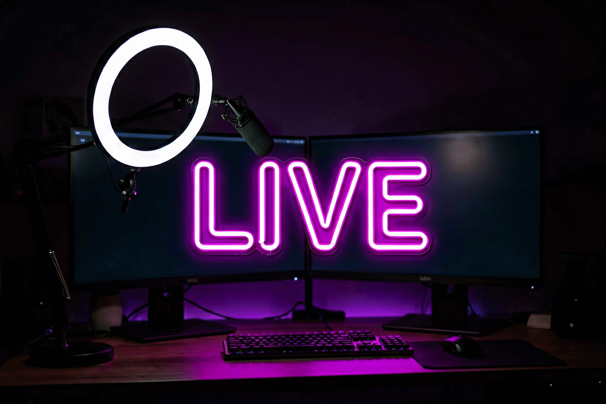 Dark scene with a glowing magenta neon sign reading LIVE