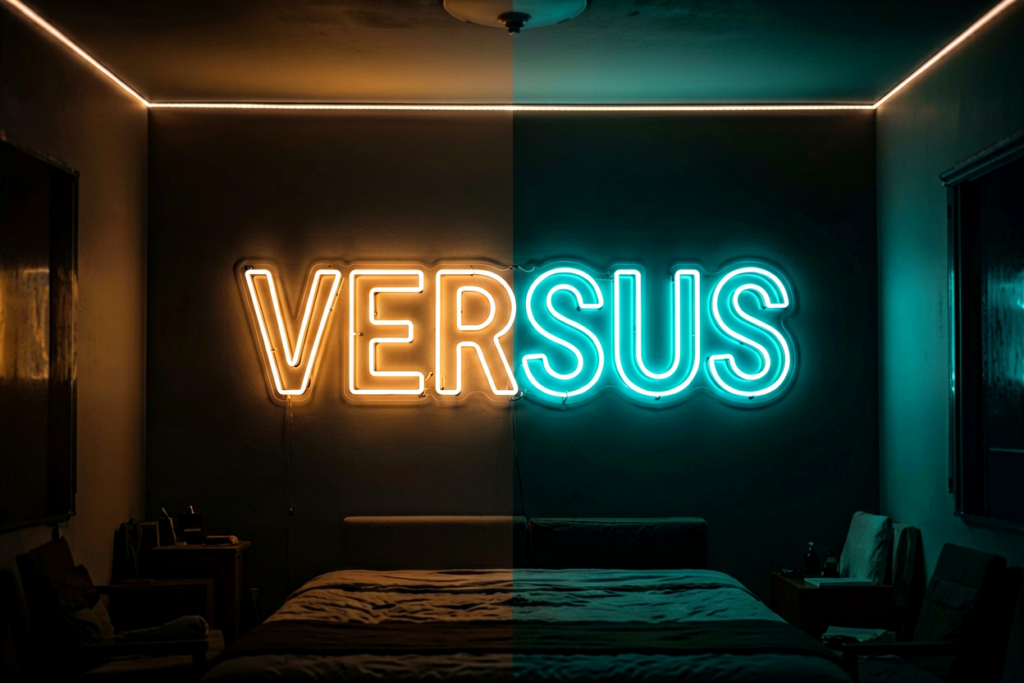 Dark scene with a glowing dual warm-cyan neon sign reading VERSUS