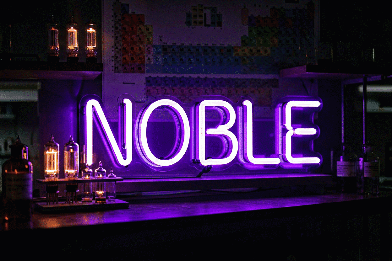 Dark scene with a glowing spectral violet neon sign reading NOBLE