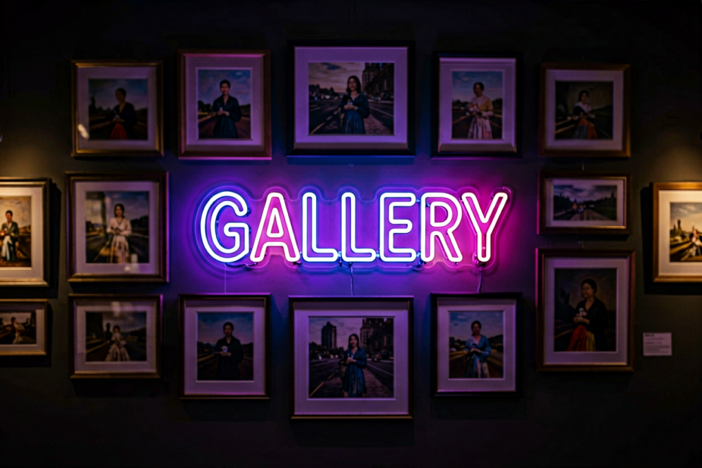 Dark scene with a glowing tri-tone neon sign reading GALLERY
