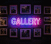 Dark scene with a glowing tri-tone neon sign reading GALLERY