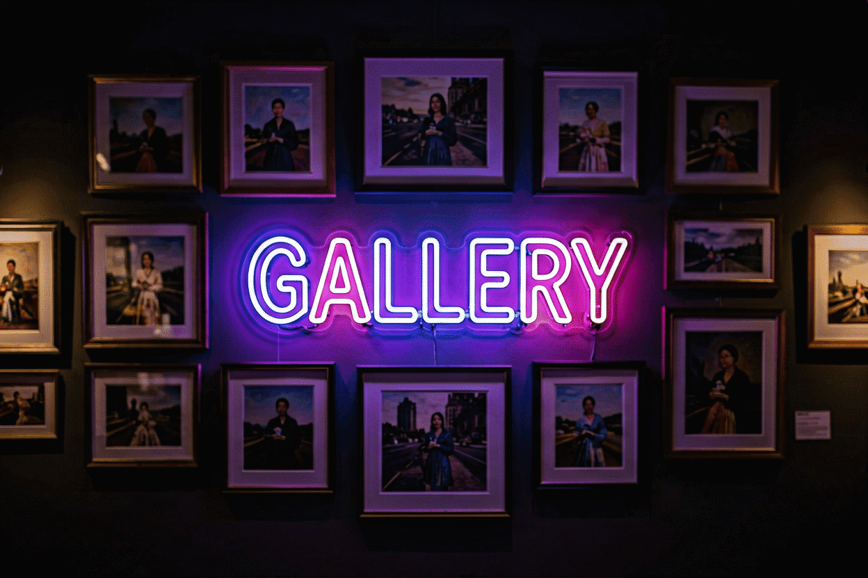 Dark scene with a glowing tri-tone neon sign reading GALLERY