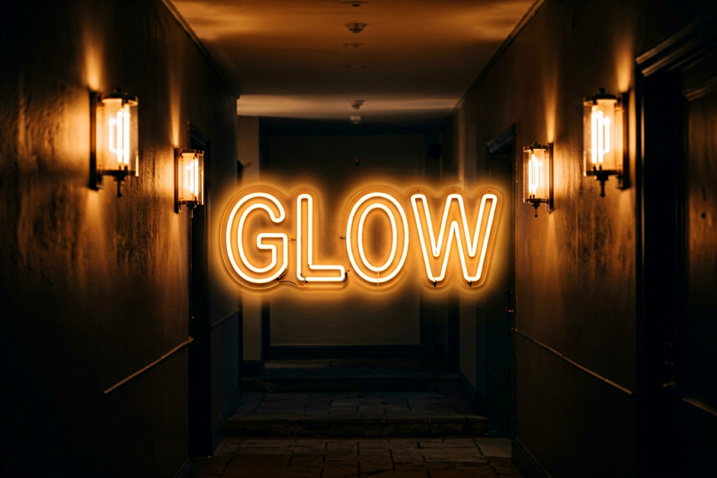 Dark scene with a glowing warm halo neon sign reading GLOW