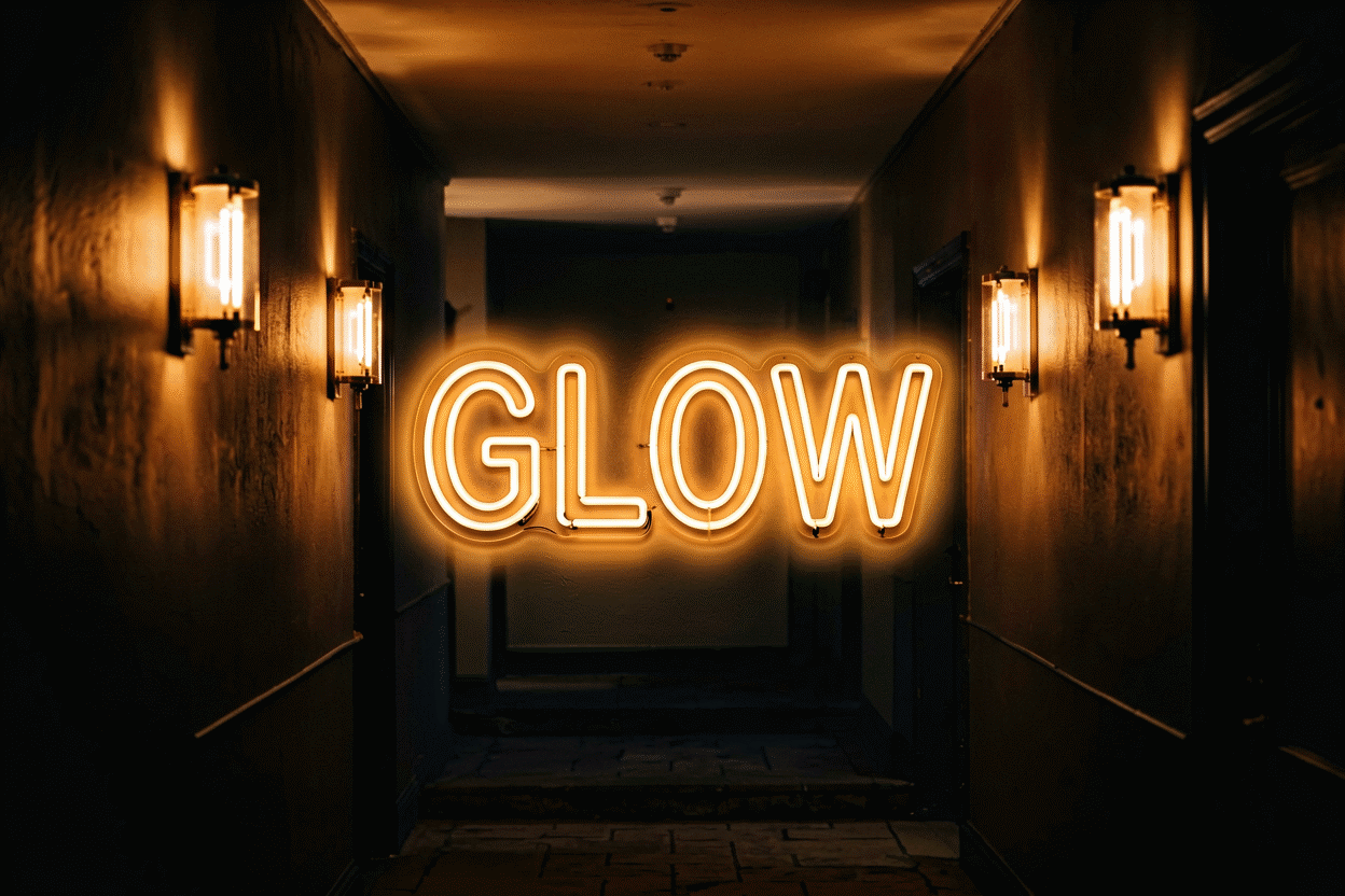Dark scene with a glowing warm halo neon sign reading GLOW