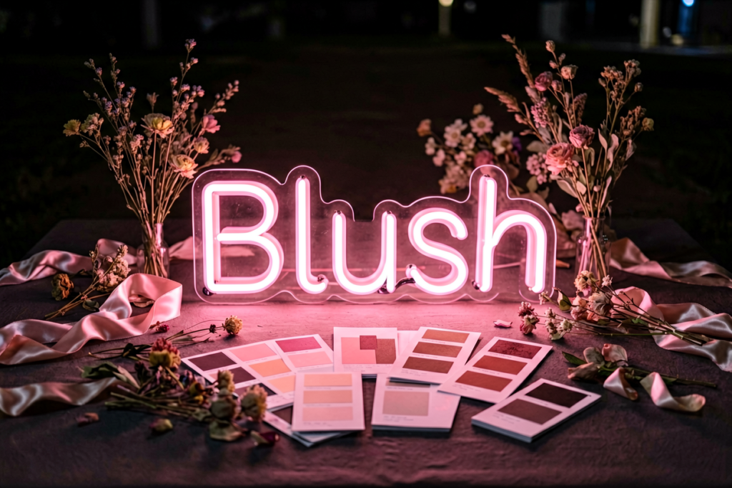 Dark scene with a glowing blush pink neon sign reading Blush