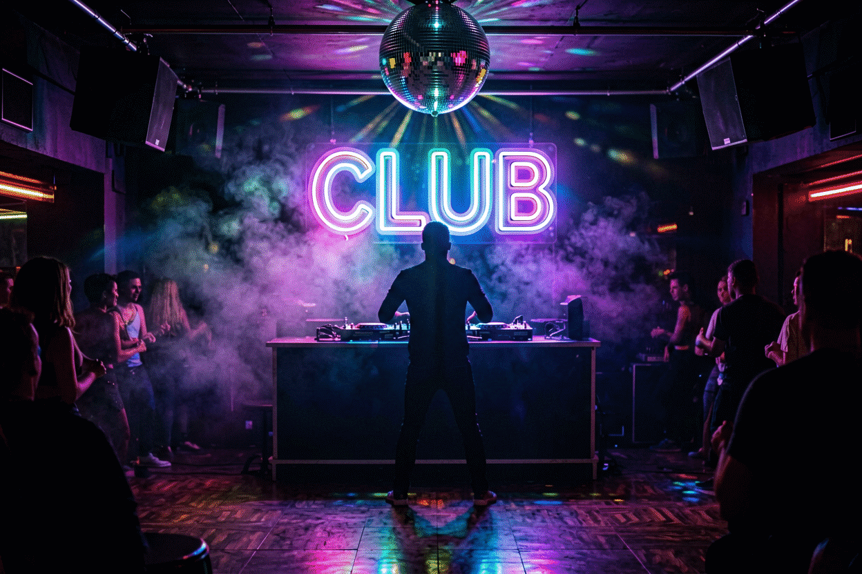 Dark scene with a glowing ultraviolet neon sign reading CLUB