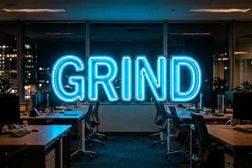 Dark scene with a glowing steel blue neon sign reading GRIND