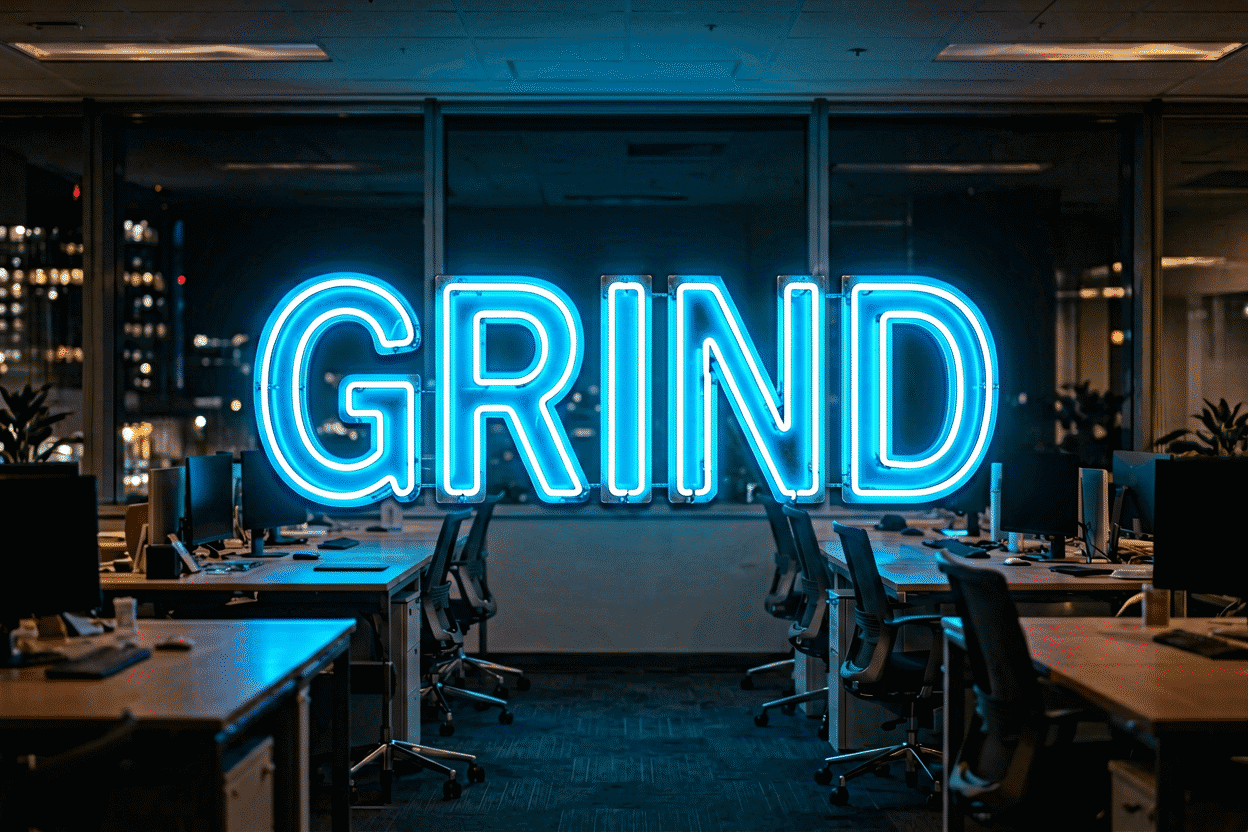 Dark scene with a glowing steel blue neon sign reading GRIND