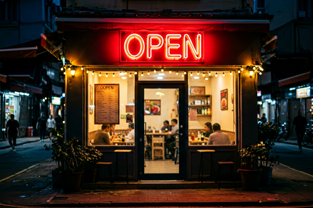 Dark scene with a glowing cherry red neon sign reading OPEN