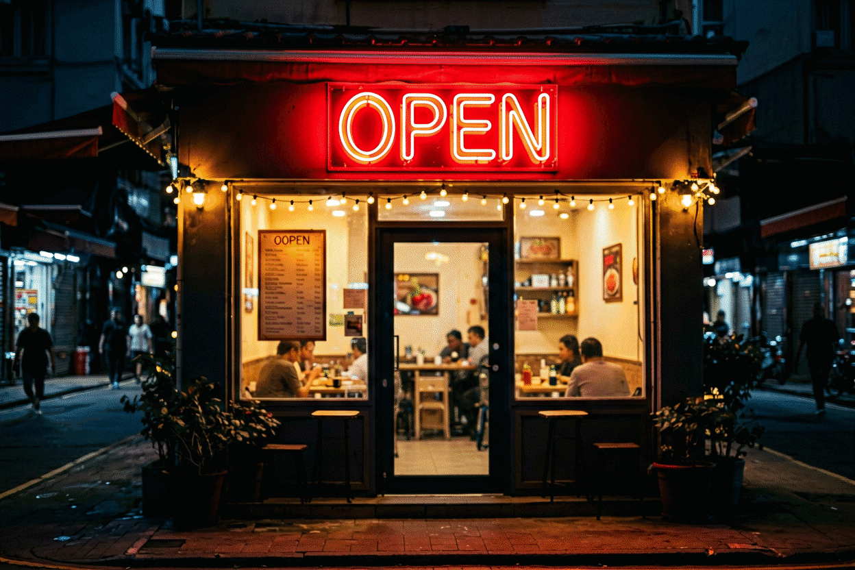 Dark scene with a glowing cherry red neon sign reading OPEN