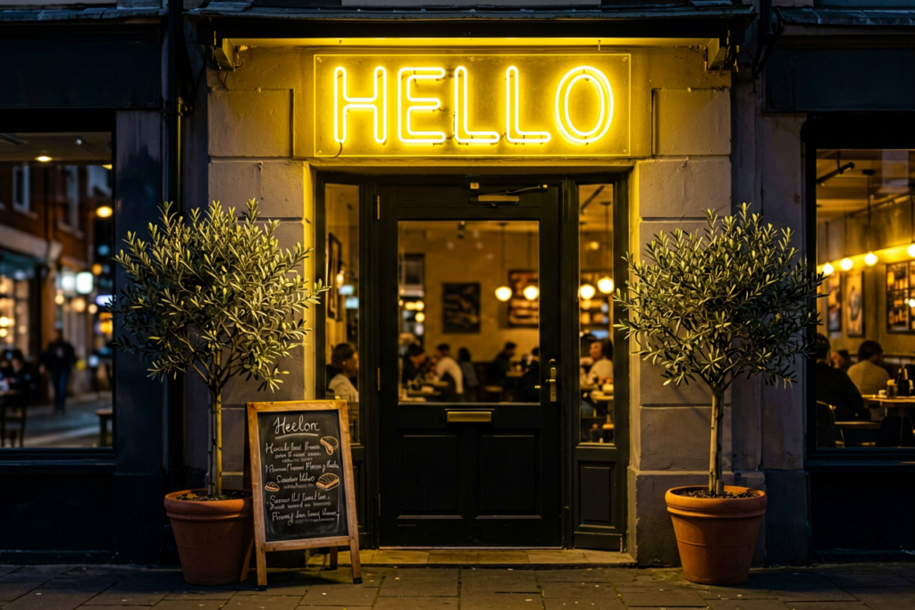Dark scene with a glowing warm yellow neon sign reading HELLO