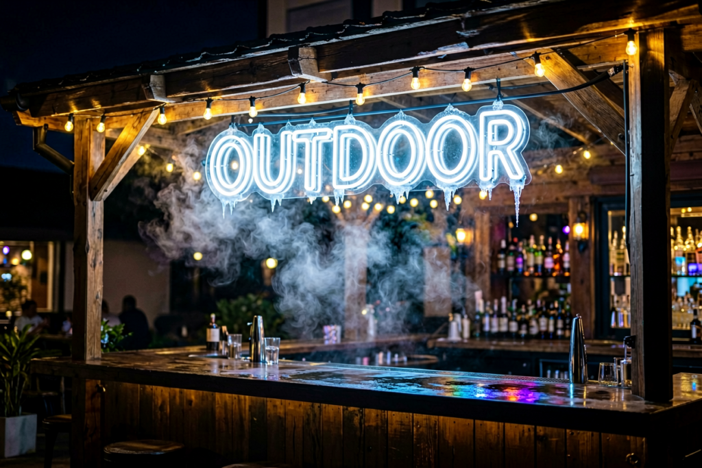 Dark scene with a glowing icy white neon sign reading OUTDOOR