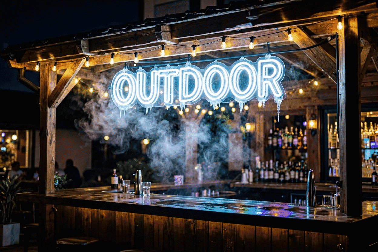 Dark scene with a glowing icy white neon sign reading OUTDOOR