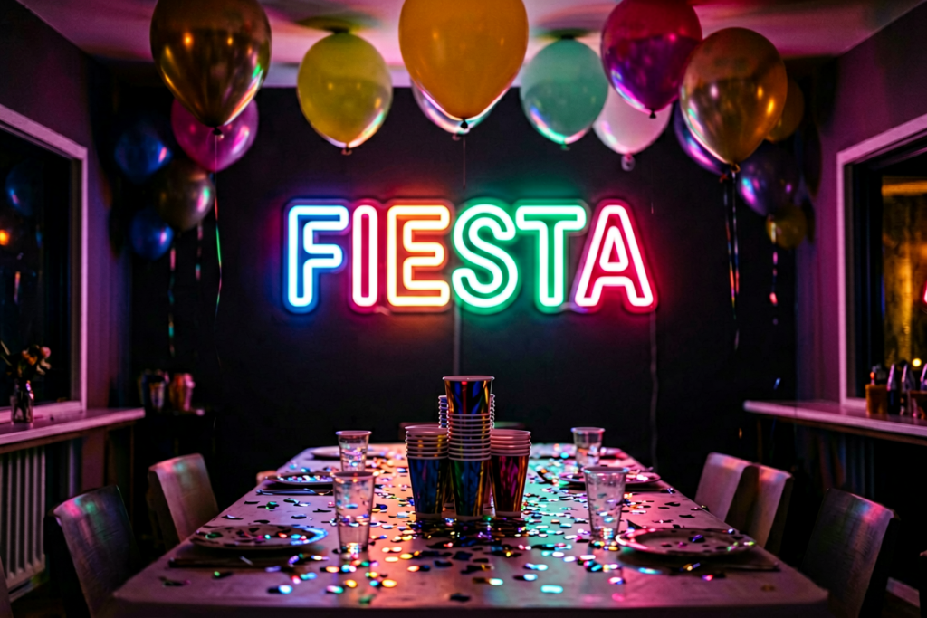 Dark scene with a glowing multicolor neon sign reading FIESTA