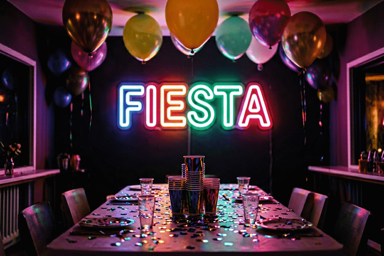 Dark scene with a glowing multicolor neon sign reading FIESTA