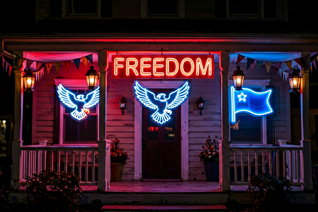 Festive scene with glowing neon signs including the word FREEDOM