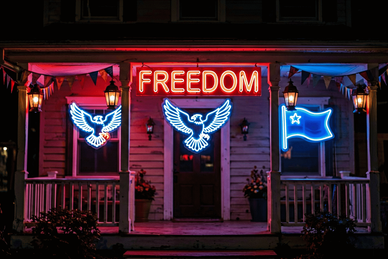 Festive scene with glowing neon signs including the word FREEDOM