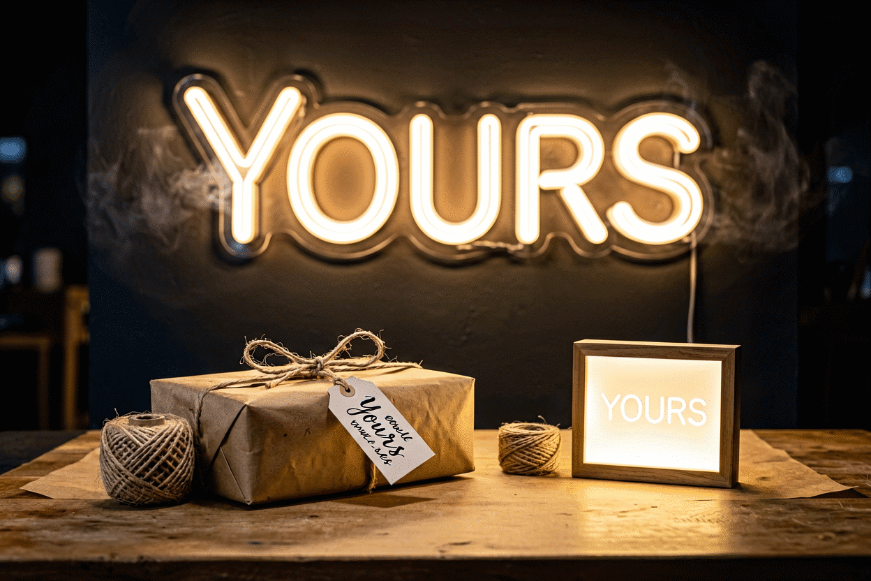 Dark scene with a glowing champagne neon sign reading Yours