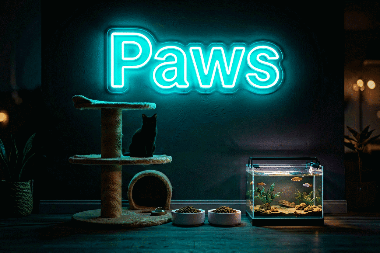 Dark scene with a glowing teal neon sign reading Paws