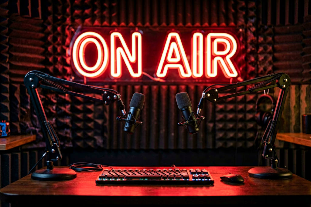 Dark scene with a glowing broadcast red neon sign reading ON AIR