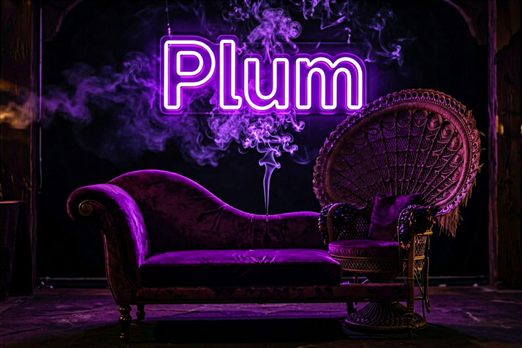 Dark scene with a glowing violet neon sign reading Plum