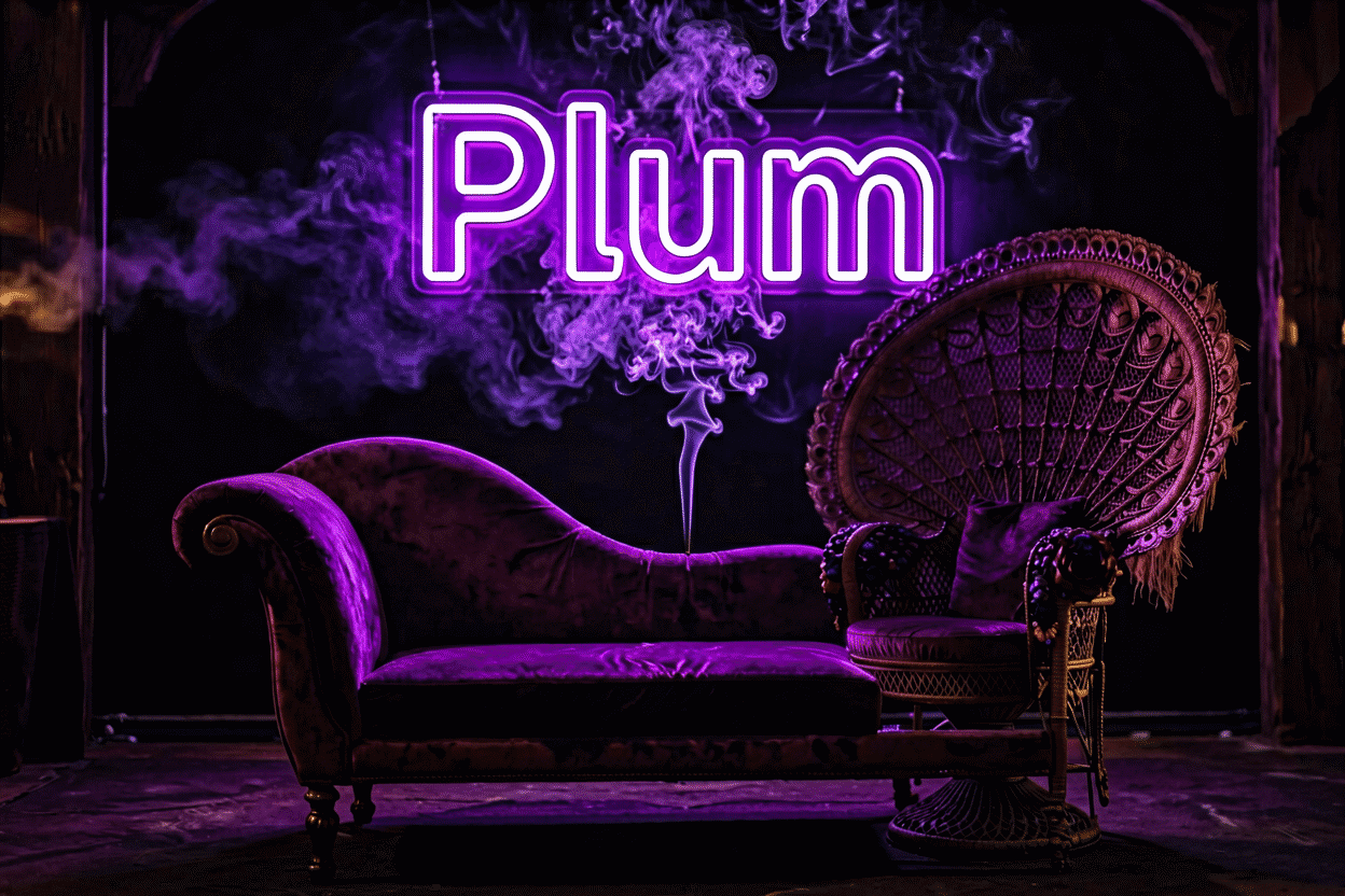 Dark scene with a glowing violet neon sign reading Plum
