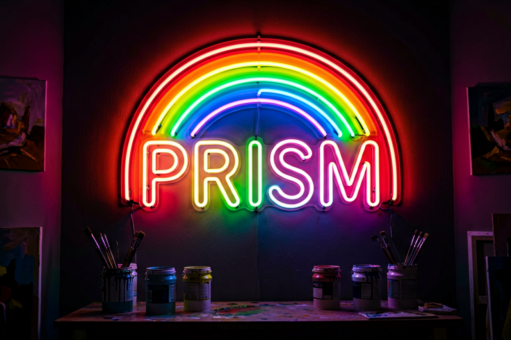 Dark scene with a glowing rainbow neon sign reading PRISM