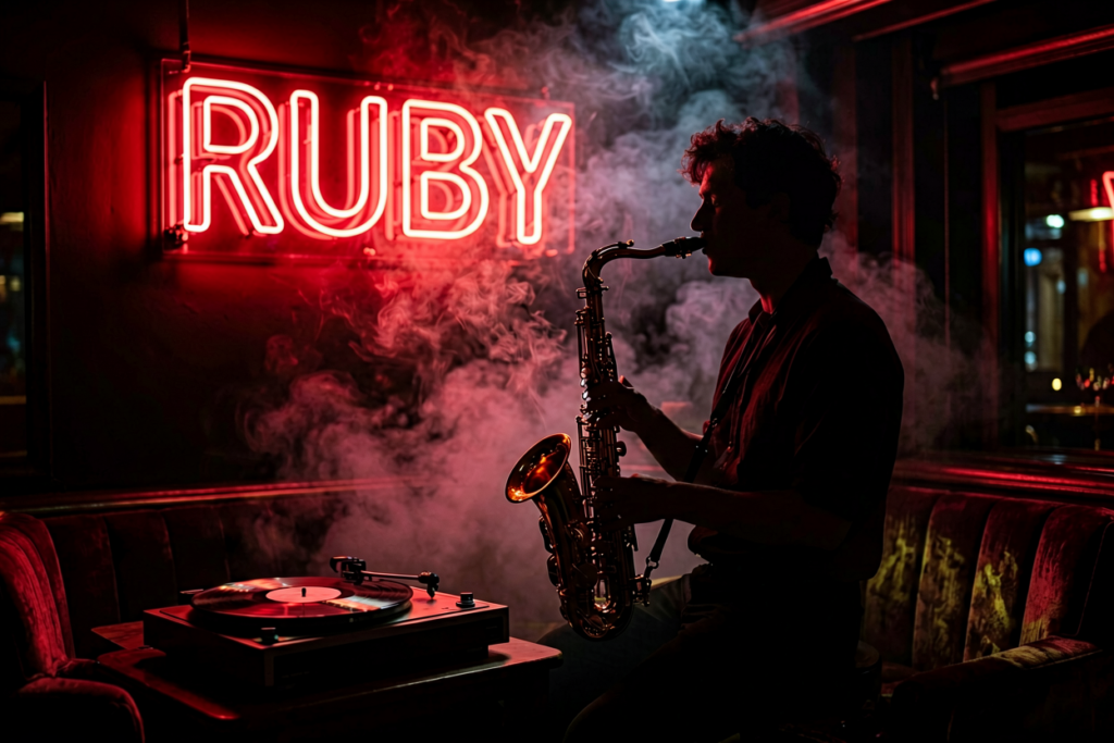 Dark scene with a glowing crimson neon sign reading Ruby