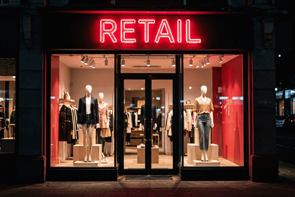 Dark scene with a glowing scarlet neon sign reading RETAIL