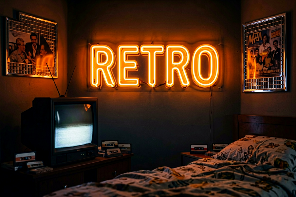 Dark scene with a glowing orange neon sign reading Retro