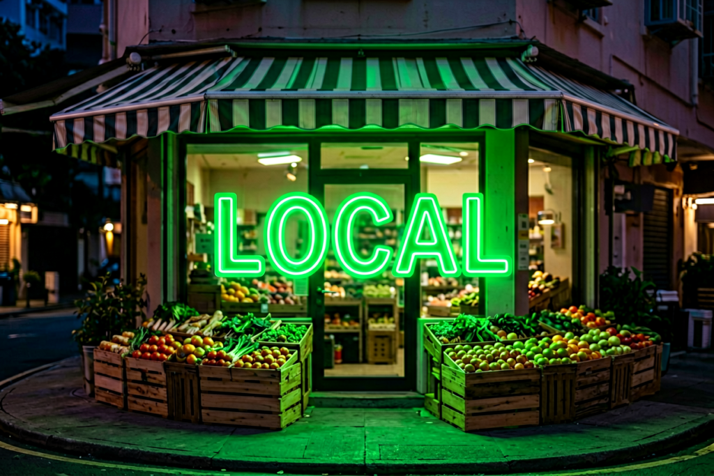 Dark scene with a glowing forest green neon sign reading LOCAL