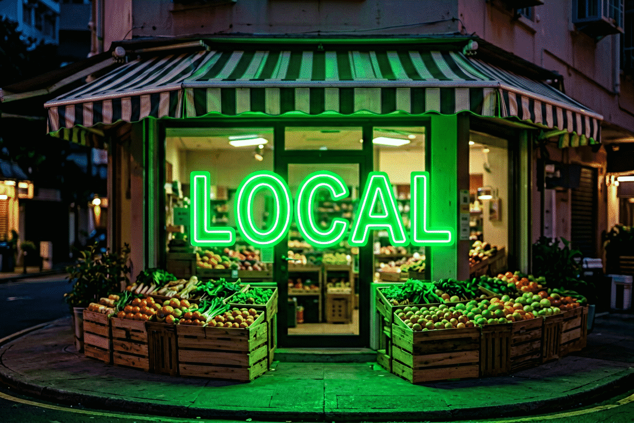 Dark scene with a glowing forest green neon sign reading LOCAL