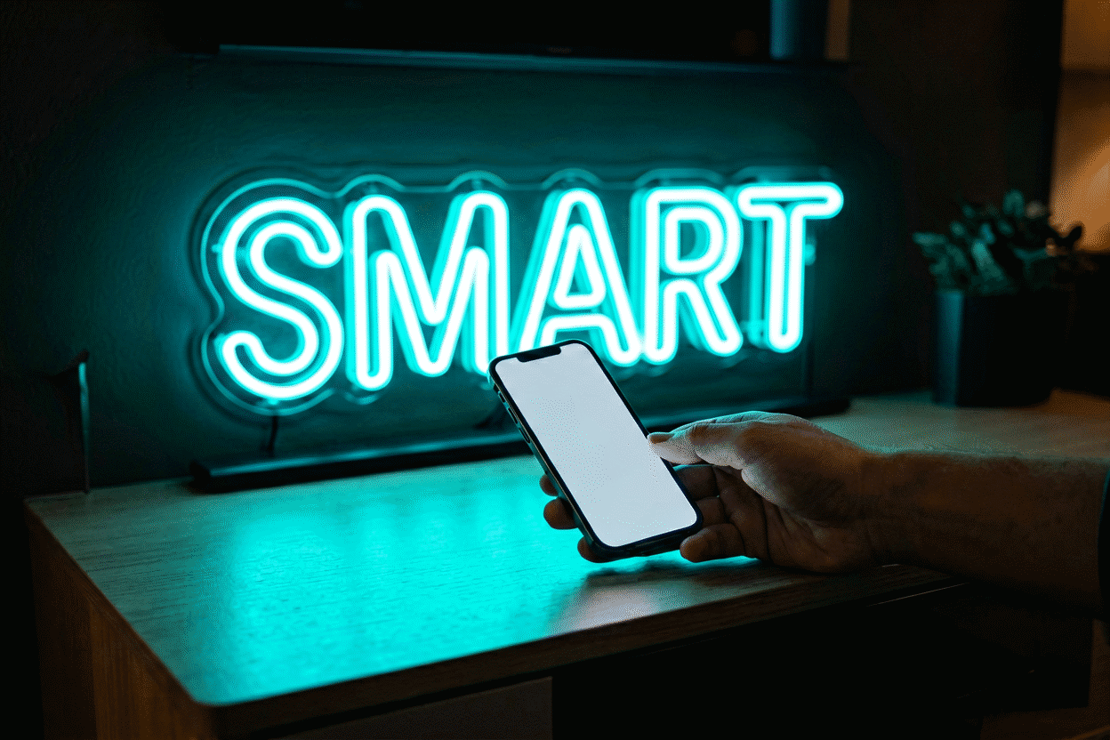Dark scene with a glowing cyan neon sign reading SMART