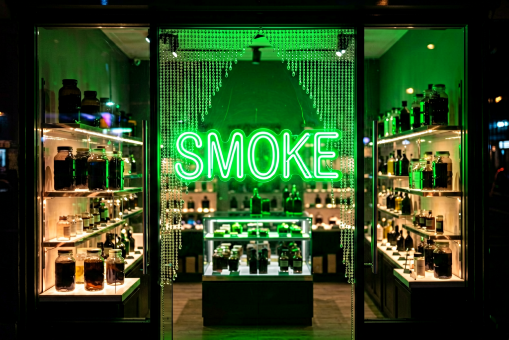 Dark scene with a glowing neon green neon sign reading SMOKE