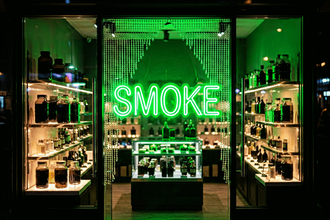 Dark scene with a glowing neon green neon sign reading SMOKE