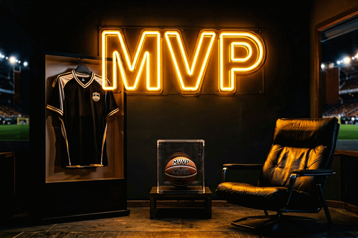 Dark scene with a glowing stadium amber neon sign reading MVP