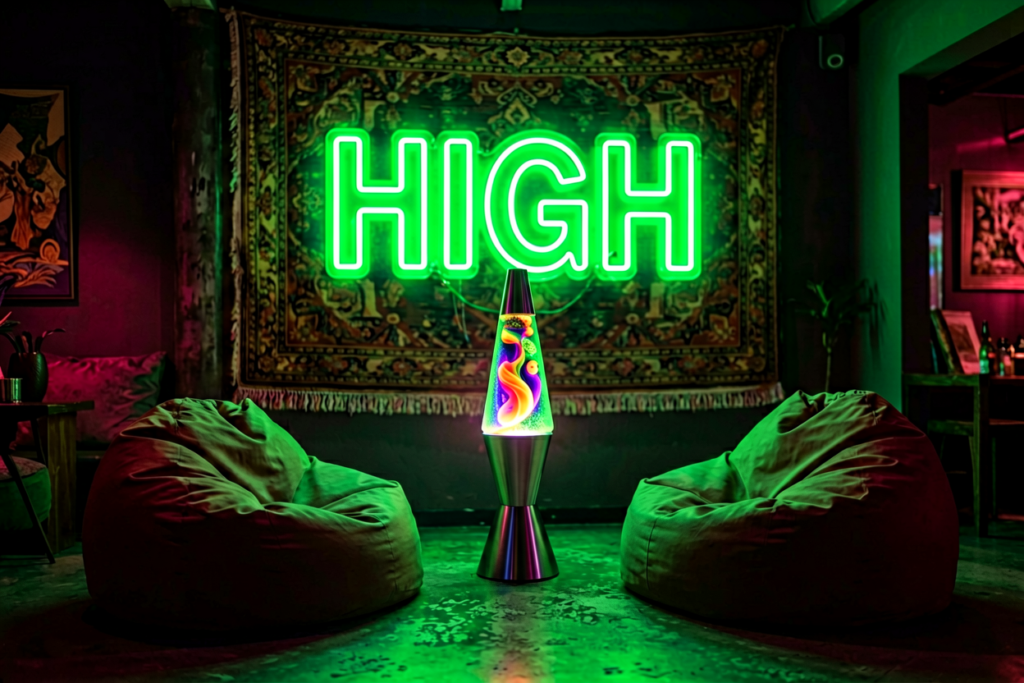 Dark scene with a glowing trippy green neon sign reading HIGH