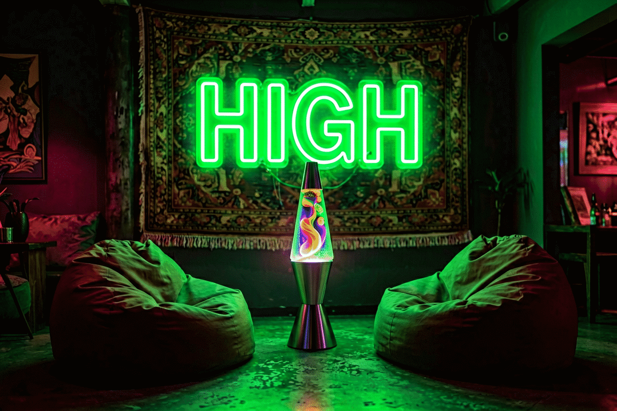 Dark scene with a glowing trippy green neon sign reading HIGH