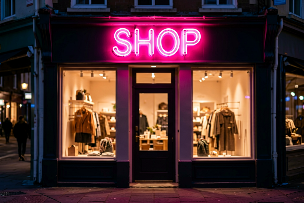 Dark scene with a glowing rose pink neon sign reading SHOP