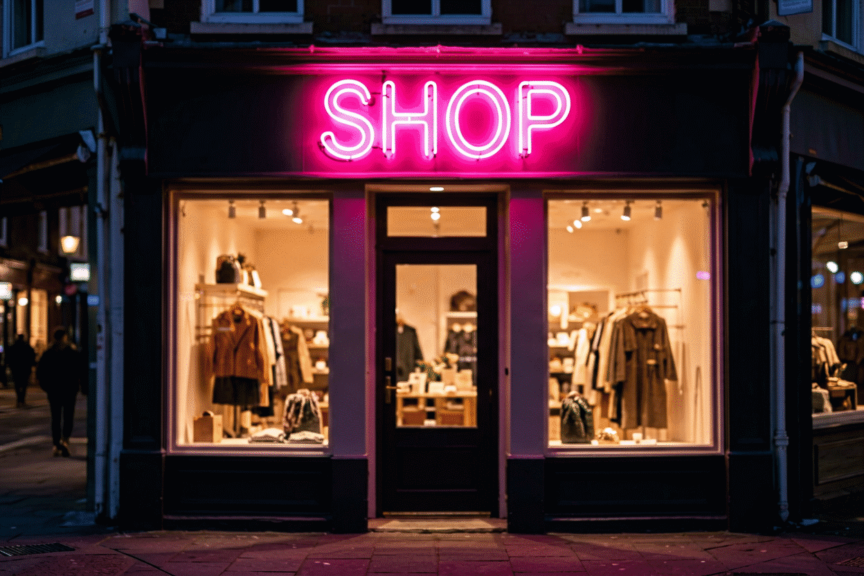 Dark scene with a glowing rose pink neon sign reading SHOP
