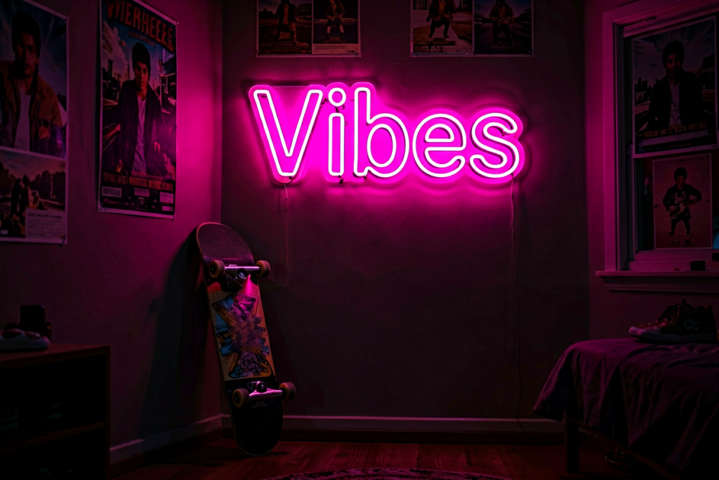 Dark scene with a glowing hot pink neon sign reading Vibes