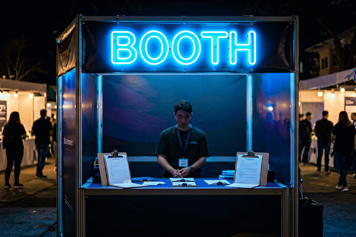Dark scene with a glowing corporate blue neon sign reading BOOTH